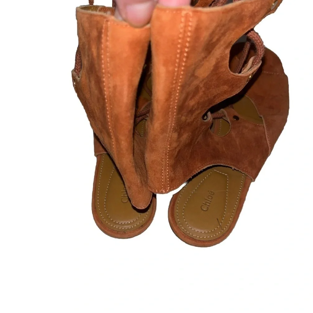 Chloé Rust Orange Sandals Suede Gladiator Lace Up Flat 7.5 Casual Summer Resort